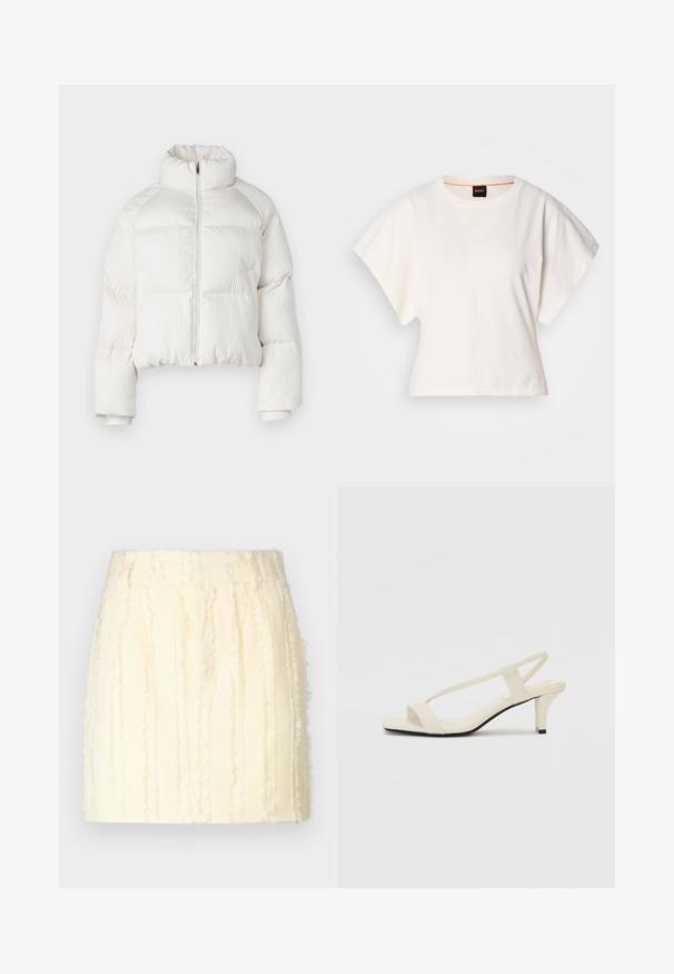 Giacca puffer corta bianca con texture a righe verticali, collo alto, chiusura frontale con zip e polsini elasticizzati. Dotata di tasche laterali.; T-shirt bianca cropped, maniche corte e larghe, tessuto di cotone morbido, scollatura rotonda con bordino arancione sottile, design minimale, senza motivi o grafiche.; Gonna di colore crema con strisce verticali testurizzate, caratterizzata da un design sfilacciato e una vita sartoriale. Il tessuto appare morbido e leggero.; Sandali con tacco a blocco beige, con sottili cinturini e punta quadrata. Materiale liscio con dettagli minimi, progettati per un facile utilizzo.