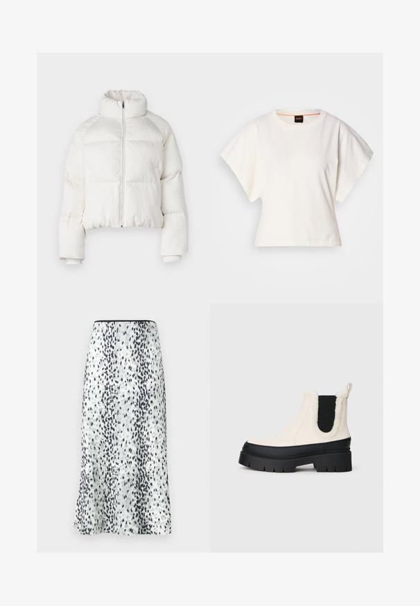 Biała krótka kurtka puchowa z pionowym prążkowanym wzorem, wysokim kołnierzem, zapięciem na zamek z przodu i elastycznymi mankietami. Posiada boczne kieszenie.; Biała, krótka koszulka z szerokimi rękawami, wykonana z miękkiej bawełny, okrągły dekolt z delikatnym pomarańczowym wykończeniem, minimalistyczny design, bez wzorów i grafik.; Spódnica do kolan wykonana z białej tkaniny w czarno-szary wzór w kropki, wykończona prostym pasem i małym logo.; Masywne botki na platformie sięgające kostki z białą cholewką, czarną gumową podeszwą oraz kontrastującymi czarnymi elastycznymi panelami po bokach. Syntetyczne futerko na górnej krawędzi.
