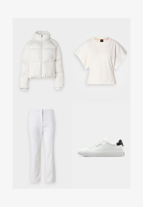 Balta trumpa pūkinė striukė su vertikaliu raukšlėtu paviršiumi, aukštu apykakle, priekyje užtrauktuku ir elastingais rankogaliais. Su šoninėmis kišenėmis.; Baltas trumpas marškinėliai, plačios trumpomis rankovėmis, minkšta medvilnė, apvali kaklo iškirptė su subtiliu oranžiniu apvadu, minimalus dizainas, be raštų ar grafikų.; Balti medvilniniai kelnių su tiesiu kojų dizainu, turintys vidutinį liemenį ir be matomų detalių ar raštų. Lygi tekstūra visame paviršiuje.; Baldos suknelės sportbačiai su lygiu paviršiumi, juodu kulno akcentu ir raištelių dizainu. Šone matoma "Calvin Klein" prekės ženklo ženklas. Minimalistinio stiliaus.
