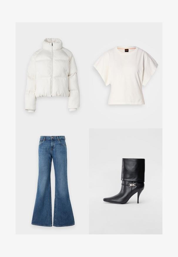 Casaco puffer cropped branco com textura ribateada vertical, gola alta, fecho frontal com zip e punhos elásticos. Apresenta bolsos laterais.; T-shirt branco cropped, mangas curtas e largas, material de algodão suave, decote redondo com um discreto acabamento laranja, design minimalista, sem padrões ou gráficos.; Jeans de denim flare em lavagem azul média com um design clássico de cinco bolsos, passadores de cinto e fecho com botão. Textura suave com desvanecimento sutil.; Bota de tornozelo em couro preto com bico fino, alto salto stiletto, punho dobrado e detalhe decorativo em fivela dourada no tornozelo.