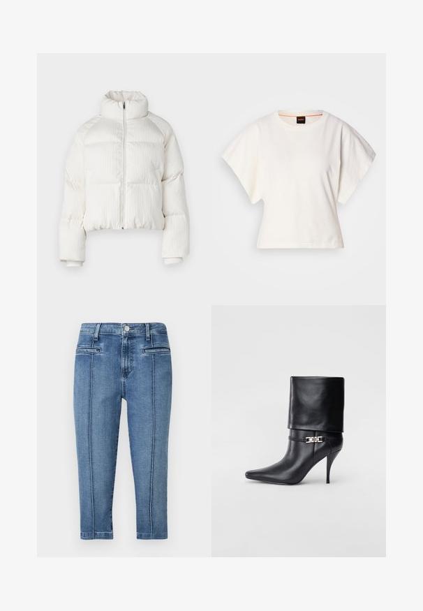 White cropped puffer jacket with vertical ribbed texture, high collar, front zip closure, and elastic cuffs. Features side pockets.; White cropped T-shirt, short wide sleeves, soft cotton material, round neckline with subtle orange trim, minimal design, no patterns or graphics.; Denim trousers in medium blue, featuring a five-pocket design, straight cut, and contrast stitching along the side seams.; Black leather ankle boot with a pointed toe, high stiletto heel, fold-over cuff, and a gold decorative buckle detail on the ankle.