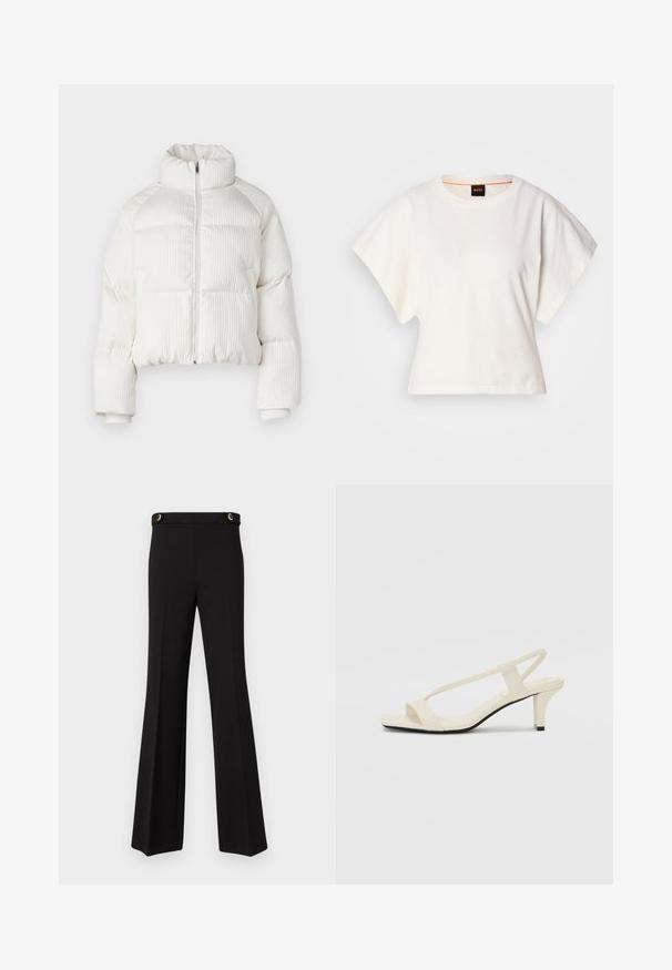 Fehér, rövidített puffermellény függőleges bordás textúrával, magas gallérral, elöl cipzárral, és elasztikus mandzsettákkal. Oldalsó zsebekkel rendelkezik.; Fehér, rövid, bő ujjú, crop szabású póló, puha pamut anyagból, kerek nyakkivágással, finom narancssárga díszítéssel, minimalista dizájn, minta vagy grafika nélkül.; Fekete bővülő nadrág, rugalmas anyagból készült. Magas derék, két arany tónusú gombdísszel a derékrészen. Simább szövet, minta nélkül.; Beige színű, blokksarkú szandálok vékony pántokkal és négyzet alakú orral. Simább anyag, minimális részletezéssel, amely könnyű viselésre lett tervezve.