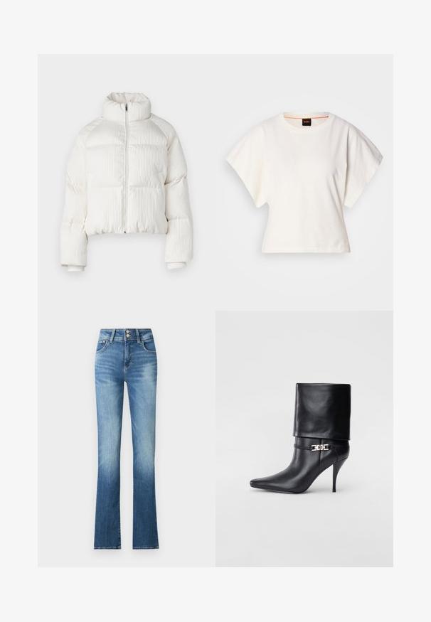 Veste courte en duvet blanche avec texture côtelée verticale, col haut, fermeture éclair à l'avant et poignets élastiques. Comprend des poches latérales.; T-shirt blanc cintré, manches courtes et larges, en coton doux, décolleté rond avec une discrète bordure orange, design minimaliste, sans motifs ni graphiques.; Jeans évasés en denim bleu avec une taille haute, présentant une légère décoloration, deux boutons et des poches latérales. Le tissu a une texture lisse.; Bottine en cuir noir avec un bout pointu, un haut talon aiguille, un revers, et un détail décoratif en boucle dorée au niveau de la cheville.