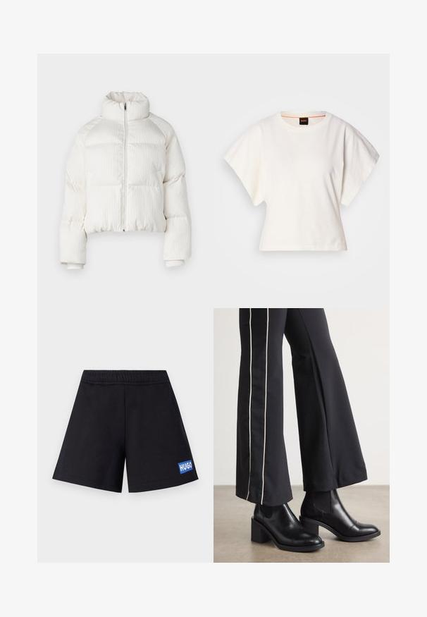 Casaco puffer cropped branco com textura ribateada vertical, gola alta, fecho frontal com zip e punhos elásticos. Apresenta bolsos laterais.; T-shirt branco cropped, mangas curtas e largas, material de algodão suave, decote redondo com um discreto acabamento laranja, design minimalista, sem padrões ou gráficos.; Calções pretos com um corte descontraído, cintura elástica e o logótipo azul "HUGO" na coxa esquerda; feitos de um material suave e respirável.; Botas de tornozelo em couro preto com um salto bloco, apresentando painéis laterais elásticos. Combinadas com calças pretas que têm uma faixa lateral branca.
