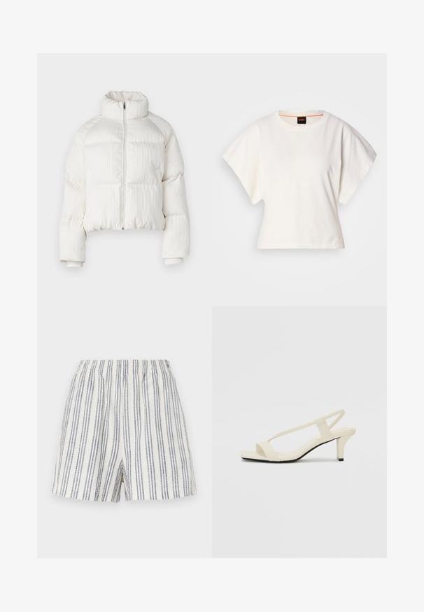 Hvid cropped pufferjakke med vertikal ribbet tekstur, høj krave, lynlås lukning foran og elastiske manchetter. Har sidelommer.; Hvid cropped T-shirt, korte brede ærmer, blødt bomuldsstof, rund halsudskæring med diskret orange kant, minimalistisk design uden mønstre eller grafik.; Stribede shorts lavet af et let materiale, der har lodrette blå og hvide striber, en elastisk linning og en afslappet pasform.; Beige blokhælede sandaler med tynde remme og en firkantet tå. Glat materiale med minimal detaljering, designet til nem brug.