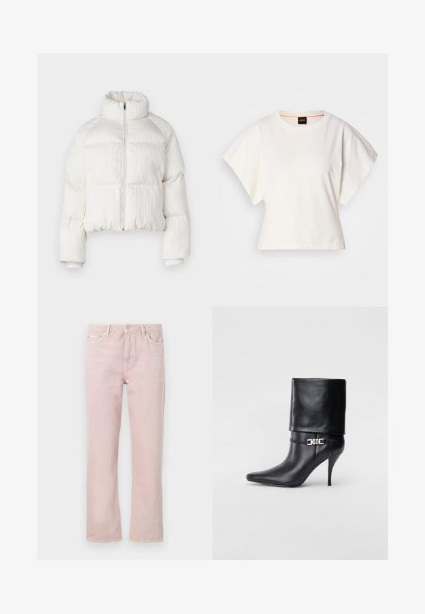 Biely skrátený puffa kabát s vertikálnym ryhovaným vzorom, vysokým golierom, predným zipom a elastickými manžetami. Obsahuje bočné vrecká.; Biely skrátený tričko, krátke široké rukávy, mäkký bavlnený materiál, okrúhly výstrih s jemným oranžovým lemovaním, minimalistický dizajn, bez vzorov alebo grafiky.; Svetloružové džíny s rovnými nohavicami, piatimi vreckami a zipsom. Obsahujú detaily šitia a príslušenstvo vo striebornom tóne.; Čierna kožená členková topánka s špicatou špičkou, vysokým ihlovým podpätkom, prehnutým manžetom a zlatým dekoratívnym sponou na členku.