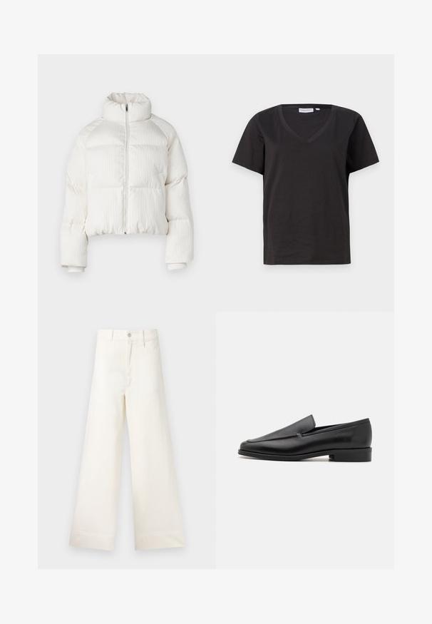Balta trumpa pūkinė striukė su vertikaliu raukšlėtu paviršiumi, aukštu apykakle, priekyje užtrauktuku ir elastingais rankogaliais. Su šoninėmis kišenėmis.; Juodas medvilninis marškinėlis su V formos iškirpte ir trumpomis rankovėmis. Paprastas dizainas, reguliaraus kirpimo, be raštų ar akcentų.; Platus kojų kelnes šviesiai smėlio spalvos medvilnės. Aukšta juosmens linija, priekinės kišenės ir tiesus kirpimas. Švarus apvadas be raštų.; Juodi odiniai loaferiai su apvaliu pirštu, lygia apdaila, subtilia siuvinėjimo detale ir žemu, masyviu kulnu. Lygus padas komfortui.