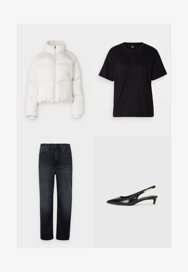 Bijela skraćena puffer jakna s vertikalnom rebrastom teksturom, visokim ovratnikom, prednjim zatvaranjem na zip i elastičnim manžetama. Ima bočne dzepove.; Crna pamučna majica s okruglim izrezom, kratkim rukavima i izvezenim logotipom na prsima. Jednostavan, opušten kroj bez uzorka.; Tamni traperice sa regularnim krojem, ravnim nogavicama, prednjim džepovima, malim džepom za novčiće i kopčanjem na dugme. Glatka tekstura i minimalno izbljeđivanje.; Crne kožne sandale s petom, s izduženim vrhom, imaju usku petu i zlatni akcent na podesivoj traci. Glatka tekstura.