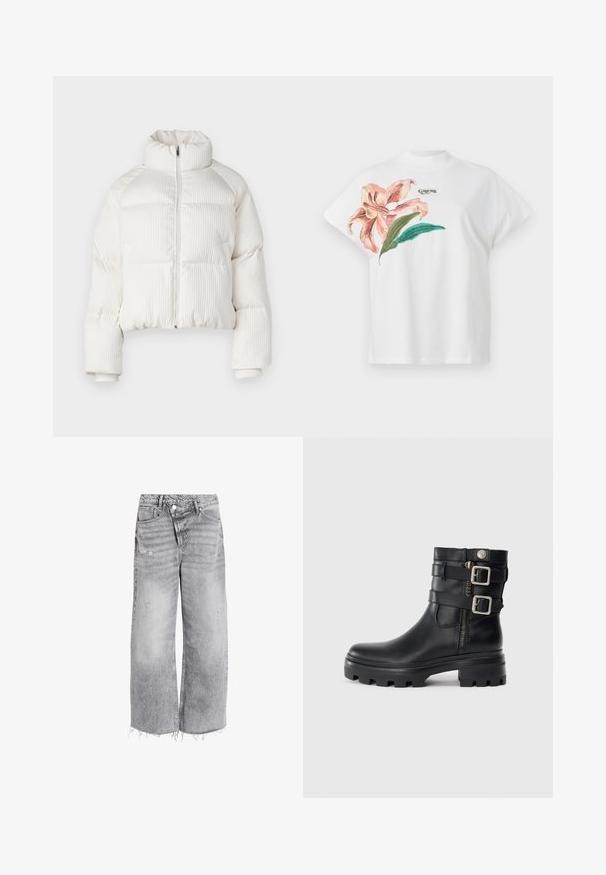 Biely skrátený puffa kabát s vertikálnym ryhovaným vzorom, vysokým golierom, predným zipom a elastickými manžetami. Obsahuje bočné vrecká.; Biele bavlnené tričko s krátkym rukávom, s ružovým kvetinovým vzorom a zelenými listami na ľavej strane. Logo "Guess" v šedej farbe nad vzorom.; Džínsy s vysokým pásom a širokými nohavicami v svetlosivej denime, so zničenými detailami a surovým lemom. Dve predné vrecká a zapínanie na gombík.; Čierne kožené členkové topánky s dvojitými prackami, zipsom, masívnou podrážkou a hladkým povrchom. Vyznačujú sa robustným a štýlovým dizajnom.