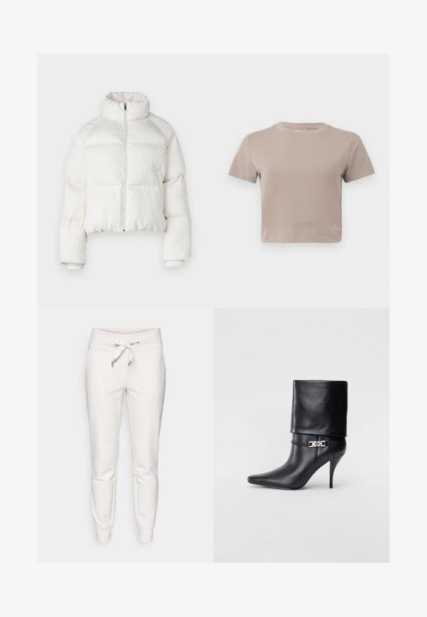 Casaco puffer cropped branco com textura ribateada vertical, gola alta, fecho frontal com zip e punhos elásticos. Apresenta bolsos laterais.; T-shirt taupe cropped com mangas curtas, decote redondo e pequeno detalhe de marca perto da bainha inferior.; Calças de treino brancas feitas de tecido suave, com cintura de cordão, punhos elásticos e dois bolsos laterais para maior praticidade.; Bota de tornozelo em couro preto com bico fino, alto salto stiletto, punho dobrado e detalhe decorativo em fivela dourada no tornozelo.