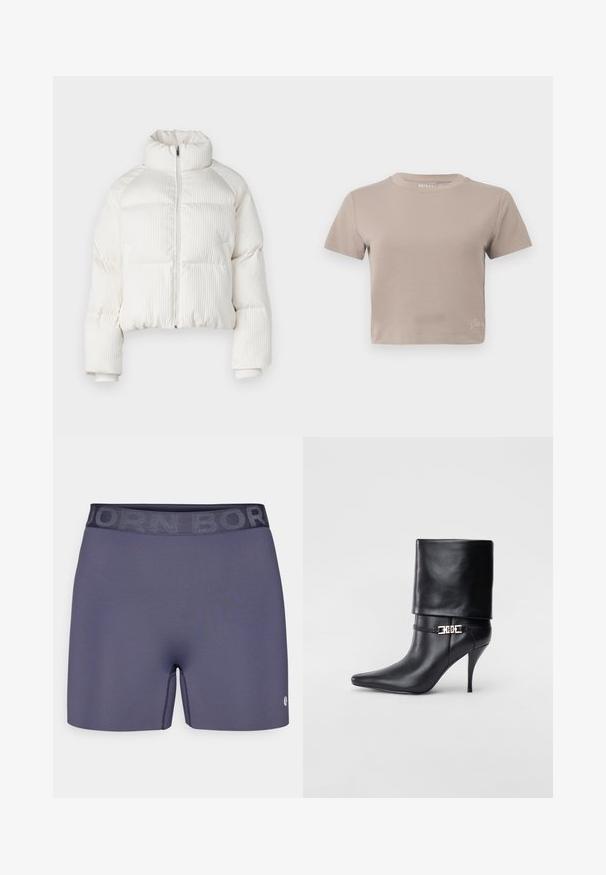 Casaco puffer cropped branco com textura ribateada vertical, gola alta, fecho frontal com zip e punhos elásticos. Apresenta bolsos laterais.; T-shirt taupe cropped com mangas curtas, decote redondo e pequeno detalhe de marca perto da bainha inferior.; Calções desportivos azul-marinho com uma cintura elástica texturizada rotulada "BORN." Tecido macio, design ajustado e um pequeno logotipo de lado.; Bota de tornozelo em couro preto com bico fino, alto salto stiletto, punho dobrado e detalhe decorativo em fivela dourada no tornozelo.