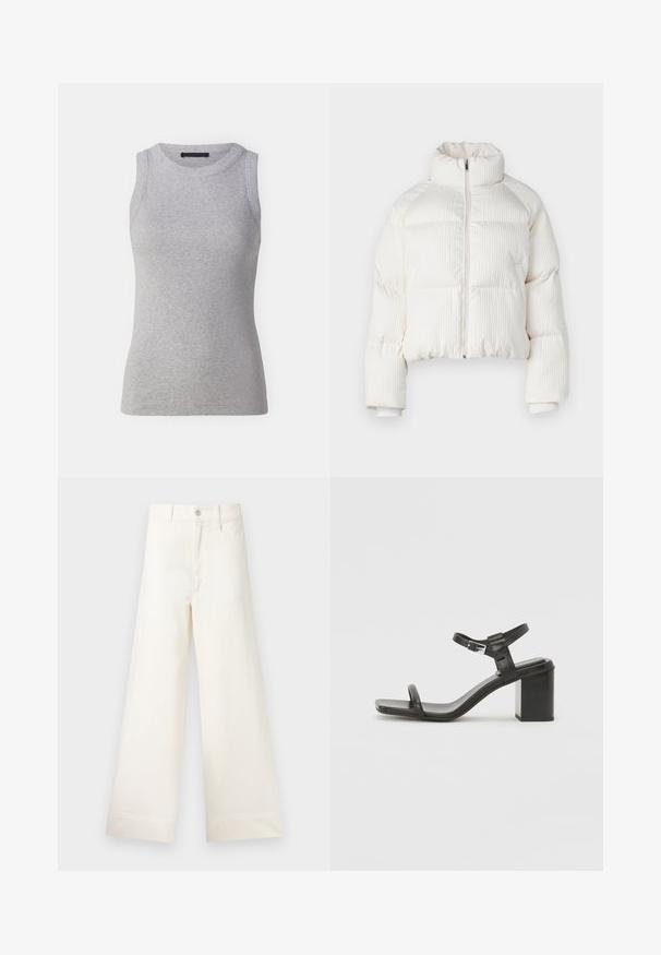 Balta trumpa pūkinė striukė su vertikaliu raukšlėtu paviršiumi, aukštu apykakle, priekyje užtrauktuku ir elastingais rankogaliais. Su šoninėmis kišenėmis.; Pilkas be rankovių marškinėlis, pagamintas iš raukšliuoto audinio. Turi apvalų iškirpimą ir prigludusią formą. Paprastas dizainas, be matomų raštų ar akcentų.; Platus kojų kelnes šviesiai smėlio spalvos medvilnės. Aukšta juosmens linija, priekinės kišenės ir tiesus kirpimas. Švarus apvadas be raštų.; Juodas odinis blokinis kulnas sandalas su plačia juostele per pirštus ir reguliuojama kulkšnies juostele, pasižymintis elegantišku, minimalistiniu dizainu.