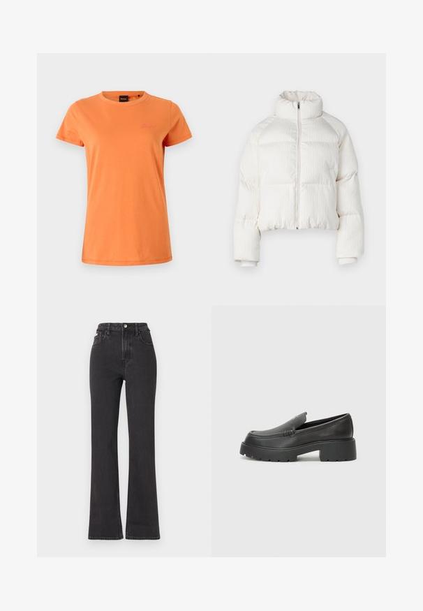 Hvid cropped pufferjakke med vertikal ribbet tekstur, høj krave, lynlås lukning foran og elastiske manchetter. Har sidelommer.; Kortærmet T-shirt i lys orange bomuld med rund halsudskæring og broderet logo på venstre bryst. Glat tekstur, afslappet pasform.; Sorte højtaljede flagrende jeans lavet af denim, med knaplukning, bæltestropper og sidelommer. Glat tekstur med minimal falming.; Sorte læder loafers med rund tå, tyk tekstureret sål og minimale syninger. Elegant design uden synlige snørebånd eller hardware.