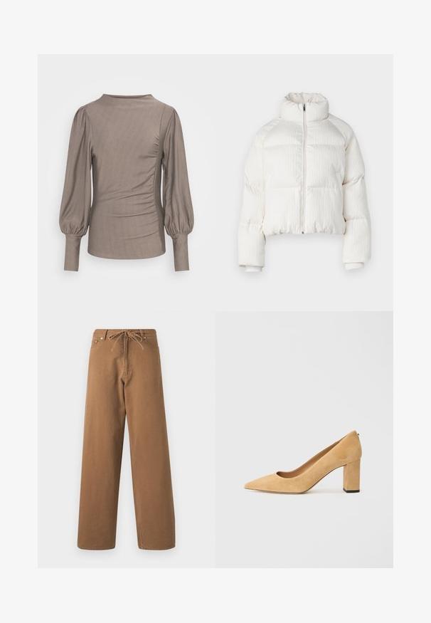 Valge lühikeste varrukatega puffjakker, millel on vertikaalne ribakujundus, kõrge krae, eesne lukuga kinnitus ja elastsed mansetid. Omab küljetaskuid.; Pruun pikkade varrukatega topp, puff-särgedega, ümar kaelus, külgkurrud ja sile tekstuur. Kanga pind on veidi läikiv, mingeid nähtavaid mustreid või aktsente ei ole.; Pruunid laiad püksid, mis on valmistatud puuvillast, elastse vöökoha ja kahe esimese taskuga. Pind struktuurne, kuid sile.; Beežist nubukist kõrge kontsaga kingad, millel on terav nina ja massiivne plokkkonts. Materjal on pehme tekstuuriga ja sileda pinnaga.