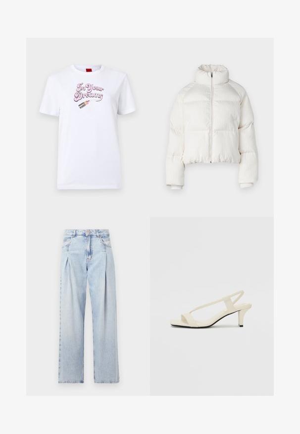 Balta piegriezta pūkaina jaka ar vertikālu ribotu tekstūru, augstu apkakli, priekšējo rāvējslēdzēju un elastīgām piedurknēm. Iekļauj sānu kabatas.; Balts kokvilnas T-krekls ar uzrakstu "Tavos sapņos" rozā rakstā un ar lūpu krāsas tūbiņu ar rozā akcentiem.; Gaiši zilas džinsu bikses ar augstu jostasvietu, plats kāju griezumu, divām sānu kabatām un krokotā dizaina akcentiem. Mīksta tekstūra ar izdilušu apdari.; Beige bloku papēžu sandales ar plānām siksnām un kvadrāta formas purngalu. Gluda materiāla virsma ar minimālām detaļām, paredzētas ērtai nēsāšanai.