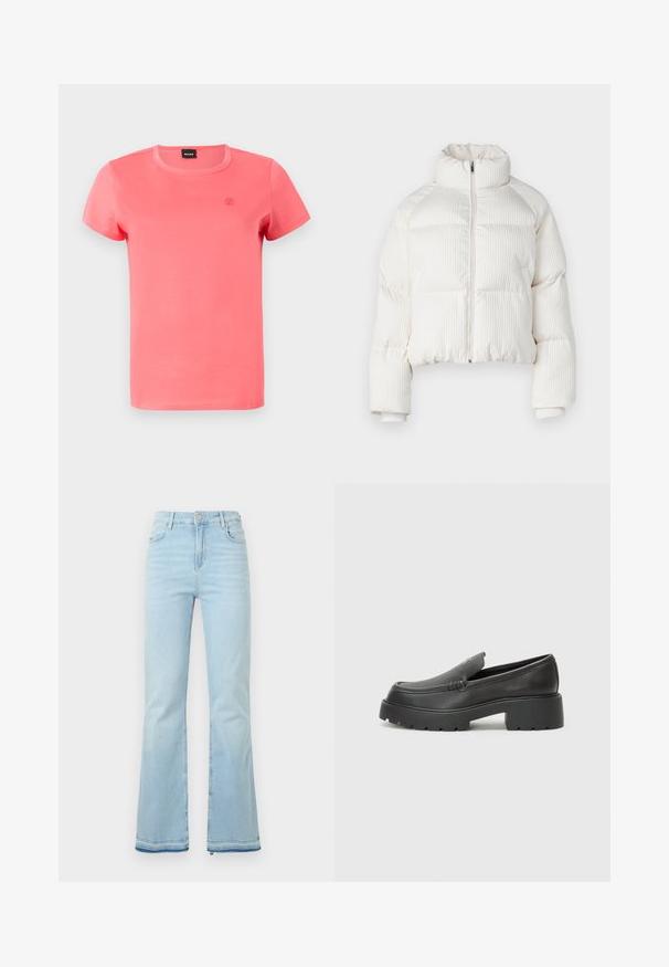 Λευκό κοντό μπουφάν τύπου puffer με κάθετη ραφή, ψηλό γιακά, εμπρόσθιο φερμουάρ και ελαστικούς καρπούς. Διαθέτει πλαϊνές τσέπες.; Κοντομάνικη μπλούζα σε ζωντανό κοραλί, κατασκευασμένη από μαλακό βαμβάκι, με στρογγυλή λαιμόκοψη και διακριτική κεντημένη λογότυπο στο στήθος.; Απαλά μπλε τζιν από τζιν ύφασμα σε φαρδιά γραμμή, με ψηλή μέση, μπροστινές τσέπες και ανάγλυφο τελείωμα στους καρπούς για μια χαλαρή εμφάνιση.; Μαύρα δερμάτινα loafers με στρογγυλή μύτη, χοντρή υφή σόλας και ελάχιστες ραφές. Κομψός σχεδιασμός χωρίς ορατά κορδόνια ή μεταλλικά στοιχεία.