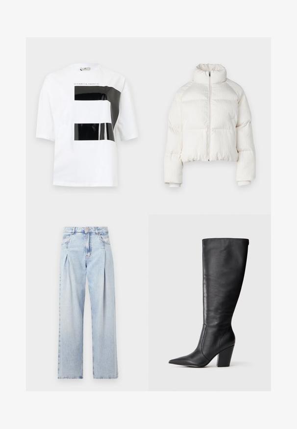 Valge lühikeste varrukatega puffjakker, millel on vertikaalne ribakujundus, kõrge krae, eesne lukuga kinnitus ja elastsed mansetid. Omab küljetaskuid.; Valge puuvillane T-särk lühikeste varrukatega, mille esiosas on läikiv must ristkülikukujuline graafiline disain, millel on kirjas "ELISABETTA FRANCHI."; Heledad sinise denimist valmistatud teksapüksid kõrge vöökohaga, laia jala lõikega, kahe külje taskuga ja pleedi disainiga. Pehme tekstuur ja pleekinud viimistlus.; Mustad musta nahkasaapad, millel on terav nina ja paks kõrge konts, esitatud vasakult külje profiilis valgel taustal.