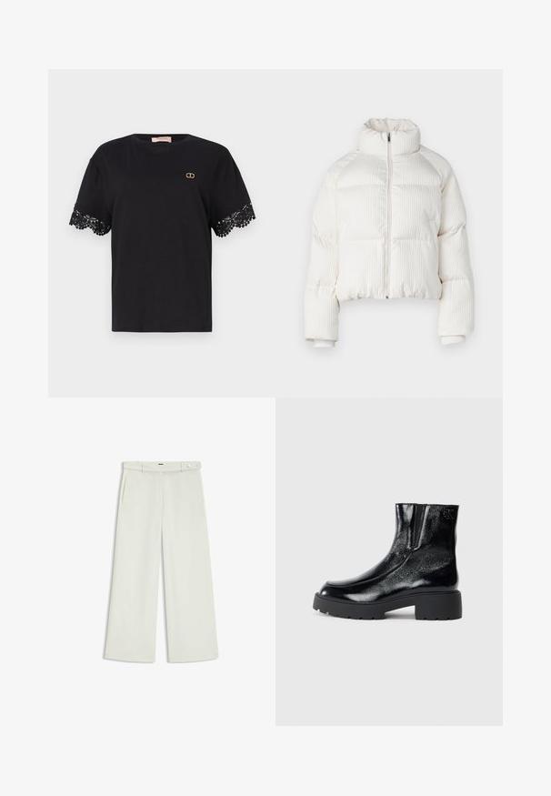 Giacca puffer corta bianca con texture a righe verticali, collo alto, chiusura frontale con zip e polsini elasticizzati. Dotata di tasche laterali.; T-shirt nera in cotone con maniche corte, caratterizzata da un intricato bordo in pizzo. Piccolo logo dorato sul petto. Texture morbida e liscia.; Pantaloni a gamba larga in tessuto crema chiaro, dotati di tasche laterali, frontale liscio e chiusura a un bottone in vita. Texture morbida.; Stivali neri alla caviglia con una finitura in pelle laccata lucida, suola in gomma nera spessa e tacco rialzato; include un discreto dettaglio del logo sul lato.