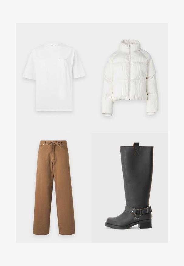 Fehér, rövidített puffermellény függőleges bordás textúrával, magas gallérral, elöl cipzárral, és elasztikus mandzsettákkal. Oldalsó zsebekkel rendelkezik.; Fehér pamut póló rövid ujjakkal, kerek nyakkal és minimális szürke logó részlettel az elején. Simább textúra, normál illeszkedés.; Barna, bő szárú nadrág, pamutból készült, combrészes derékkal és két elülső zsebbel. Texturált anyag, sima felülettel.; Fekete bőr, térd fölé érő csizma texturált felülettel, oldalán csat díszítéssel és alacsony sarokkal. Részletes varrások a varrások mentén.