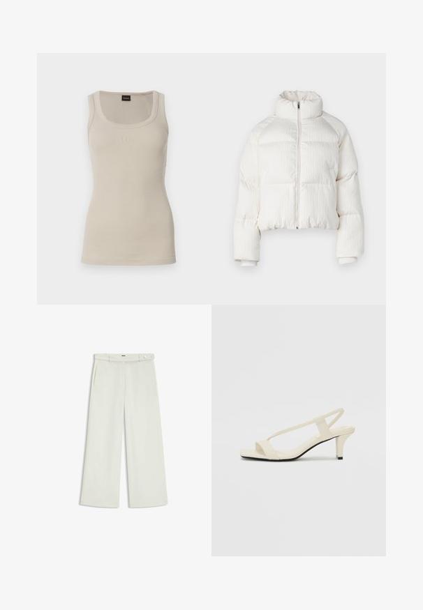Weißer, gekürzter Pufferjacke mit vertikaler gerippter Textur, hohem Kragen, Frontreißverschluss und elastischen Bündchen. Mit seitlichen Taschen.; Rippenshirt in hellem Beige mit Rundhalsausschnitt. Verfügt über ein dezentes 'BOSS'-Logo auf der Vorderseite. Hergestellt aus weichem, elastischem Stoff.; Weite Hose aus zartem Creme-Stoff, mit seitlichen Taschen, flatem Bund und einer Knopfverschluss an der Taille. Glatte Textur.; Beige Blockabsatzsandalen mit dünnen Riemen und quadrater Spitze. Glattes Material mit minimalem Design, entworfen für einfaches Tragen.