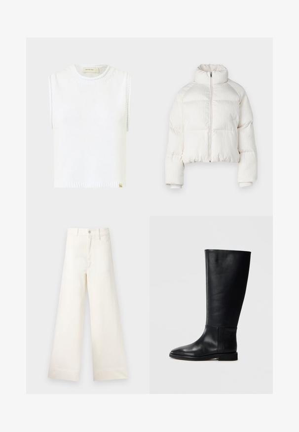 White cropped puffer jacket with vertical ribbed texture, high collar, front zip closure, and elastic cuffs. Features side pockets.; White sleeveless knit top with a round neckline, ribbed hem, and side stitching details; features a small branded tag at the bottom.; Wide-leg trousers in light beige cotton. Features a high waist, front pockets, and a straight cut. Clean hem finishing without patterns.; Black leather knee-high boot with a rounded toe, smooth texture, minimalistic design, and a flat sole. Simple seam details on the shaft.