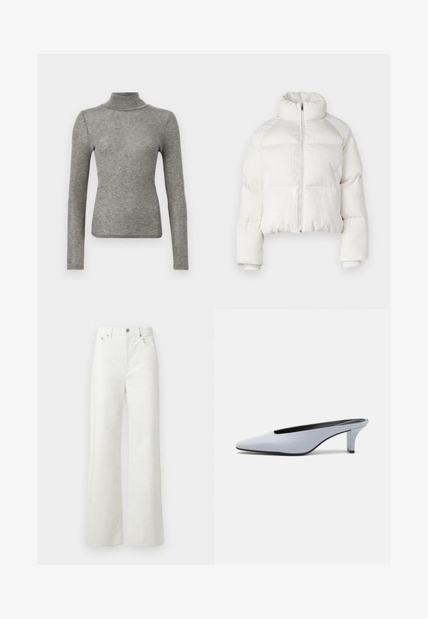 Giacca puffer corta bianca con texture a righe verticali, collo alto, chiusura frontale con zip e polsini elasticizzati. Dotata di tasche laterali.; Samsøe Samsøe DOU - Maglietta a manica lunga - grey; Samsøe Samsøe SHELLY - Jeans baggy - clear cream; Mule in pelle lucida blu chiaro con punta affusolata, tacco trasparente basso e design elegante caratterizzato da un'apertura sulla parte superiore.