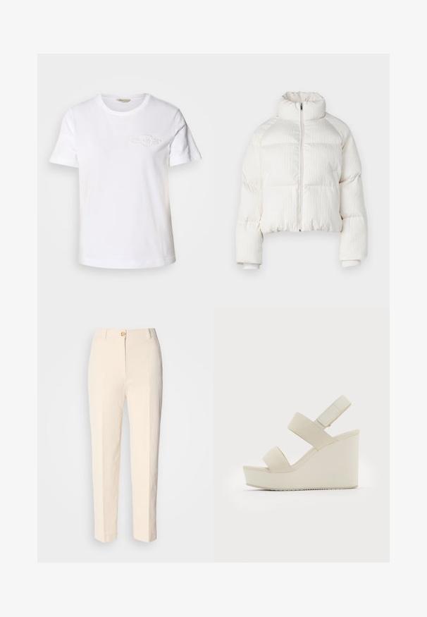 Fehér, rövidített puffermellény függőleges bordás textúrával, magas gallérral, elöl cipzárral, és elasztikus mandzsettákkal. Oldalsó zsebekkel rendelkezik.; Fehér pamut póló rövid ujjakkal, kerek nyakkal és diszkrét hímzett logóval a bal melle részén. Simább textúra, klasszikus szabás.; Krém színű, magas derekú nadrág, textúrált anyagból készült. Elülső gombos záródással és keskeny lábakkal rendelkezik.; Beige színű wedge szandál két széles pánttal és elszűkülő sarkú kialakítással. Simává kidolgozott anyagból készült, texturált talppal. A sarok részen lévő logó mélynyomott.