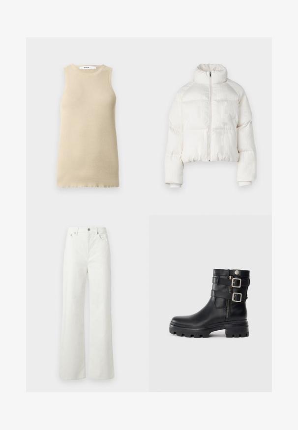 White cropped puffer jacket with vertical ribbed texture, high collar, front zip closure, and elastic cuffs. Features side pockets.; Beige ribbed sleeveless top with a round neckline, featuring a snug fit and smooth texture, ideal for layering or warm weather.; Samsøe Samsøe SHELLY - Relaxed fit jeans - clear cream; Black leather ankle boot with double buckle accents, zip closure, chunky sole, and smooth texture. Features a rugged, stylish design.