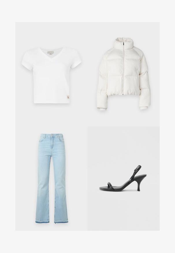 White cropped puffer jacket with vertical ribbed texture, high collar, front zip closure, and elastic cuffs. Features side pockets.; White V-neck t-shirt with short sleeves, made of ribbed fabric. Features a small logo patch on the left side near the hem.; Light blue flared jeans made of denim, featuring a high waist, front pockets, and a raw hem at the cuffs for a casual look.; Black leather high-heeled sandals with a slim, curved heel and a crossed strap design. Adjustable ankle strap. Smooth texture.