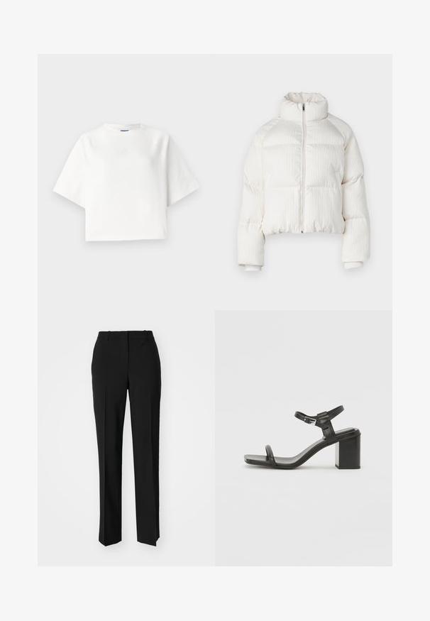 Jachetă puffer albă, scurtă, cu textură verticală și cordon înalt, închidere frontală cu fermoar și manșete elastice. Include buzunare laterale.; Tricou alb supradimensionat cu mâneci raglan scurte, fabricat dintr-un material moale. Prezintă un logo subtil pe piept și un decolteu rotund.; Pantaloni negri tailor-ed cu un design drept, având o textură fină și cute clare pe față. Fără elemente de prindere vizibile.; Sandal din piele neagră cu toc bloc, cu o curea lată peste degete și o curea ajustabilă la gleznă, având un design elegant și minimalist.
