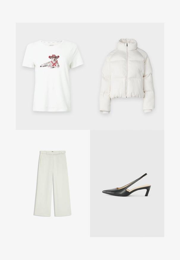 Veste courte en duvet blanche avec texture côtelée verticale, col haut, fermeture éclair à l'avant et poignets élastiques. Comprend des poches latérales.; T-shirt en coton blanc avec un léopard imprimé portant un chapeau de cowboy rouge et un foulard. Manches courtes et coupe décontractée.; Pantalons à jambes larges en tissu crème clair, dotés de poches latérales, d'un devant plat et d'une fermeture à un bouton à la taille. Texture lisse.; Slingback noir à bout pointu avec un petit talon, en cuir lisse et doté d'un design découpé sur le côté pour plus de respirabilité.