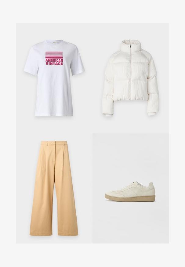 Balta trumpa pūkinė striukė su vertikaliu raukšlėtu paviršiumi, aukštu apykakle, priekyje užtrauktuku ir elastingais rankogaliais. Su šoninėmis kišenėmis.; Balta medvilninė marškinėlių su priekinio vaizdo grafika, kurioje yra tekstas "AMERICAN VINTAGE" ryškiu raudonu, su horizontaliomis juostelėmis viršuje, besikeičiančiomis rožinėmis atspalviais.; Šviesiai smėlio spalvos plačios kelnės, pagamintos iš švelnaus medvilnės, su plokščiu priekiu, klostelėmis ir matomomis šoninėmis kišenėmis.; Bežiniai zomšiniai sportbačiai su tekstūruotu dizainu, plokščiu guminiais padu ir išskirtiniu šoniniu siuvimu. Apvalus pirštas ir paminkštinta apykaklė.