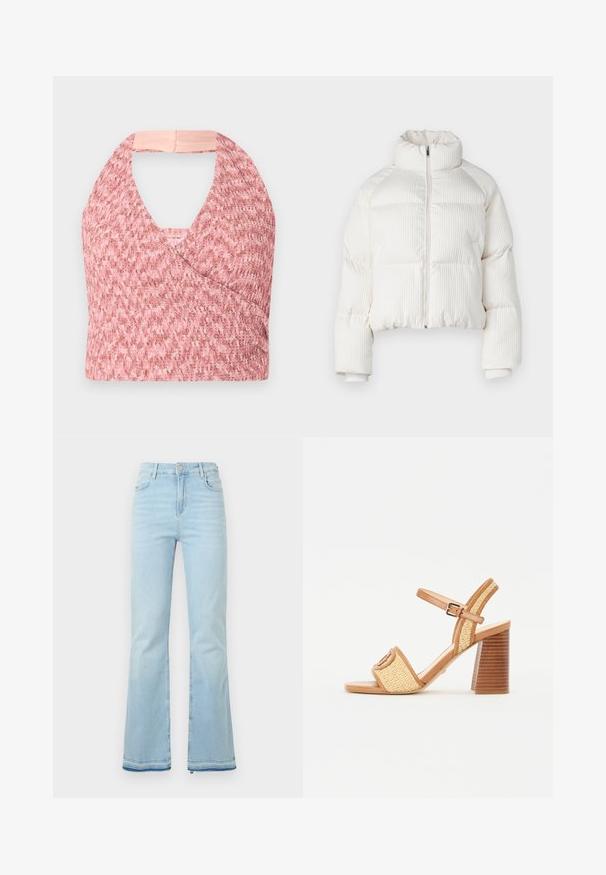 Bela skrajšana puhovka z vertikalno rebrasto teksturo, visokim ovratnikom, sprednjim zadrgo ter elastičnimi manšetami. Ima stranske žepe.; Svetlo roza halter top iz teksturiranega pletenega materiala z zavitjem, ki ima mehak bež pas na zadnji strani za varno prileganje.; Svijetloplave traperice s rasponom, visokog struka, s prednjim džepovima i sirovim rubom na manžetama za ležeran izgled.; Bralni usnjeni sandali s peto in tkano slamo, ki imajo trak okoli gležnja, odprto prst in masivno leseno peto s horizontalnimi črtami.
