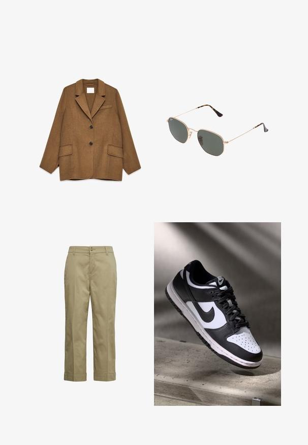 Brown wool-blend blazer with notch lapels, single-breasted design, two front pockets, and a chest pocket. Features black buttons.; Light beige crew neck sweater made of soft knit fabric. Features long sleeves and ribbed cuffs, with a relaxed fit and minimal design.; Khaki trousers in lightweight cotton, featuring a straight-leg design, button closure, and folded cuffs. Smooth texture with minimal detailing.; Black and white Nike Dunk Low sneaker with leather upper, perforated toe box, and black laces, featuring a white sole and logo accents.; Gold metal-frame sunglasses with dark green lenses, aviator style, featuring slim arms and tortoiseshell accents on the tips.