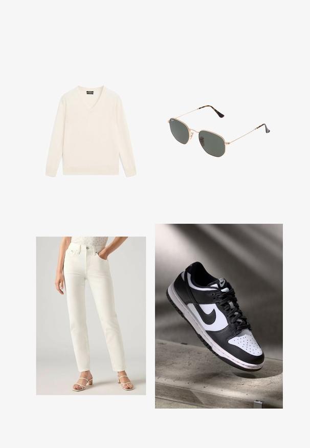 Brązowa marynarka z wełny z klapami w szpic, zapinana na pojedynczy guzik, z dwiema przednimi kieszeniami i kieszenią na piersi. Posiada czarne guziki.; Kremowy sweter z dekoltem w kształcie litery V, wykonany z miękkiego materiału, z długimi rękawami, prążkowanymi mankietami i dołem oraz luźnym krojem. Minimalistyczny design bez wzorów.; Białe, wysokie dżinsy o prostym kroju, z przednimi kieszeniami, z zapięciem na guzik i gładką teksturą denimu. Noszone z jasnymi sandałami.; Czarno-białe sneakersy Nike Dunk Low z cholewką skórzaną, perforowanym noskiem i czarnymi sznurowadłami, z białą podeszwą i akcentami logo.; Złote okulary przeciwsłoneczne w stylu aviatora z ciemnozielonymi soczewkami, z wąskimi ramionami i akcentami w panterkę na końcach.