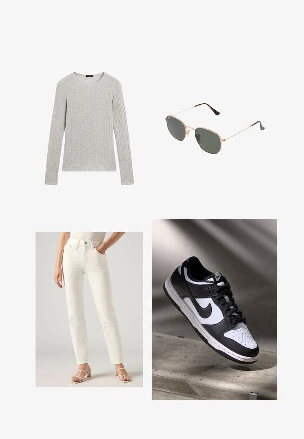 Brauner Wollmischgewebe-Blazer mit Reverskragen, einreihigem Schnitt, zweiFronttaschen und einer Brusttasche. Mit schwarzen Knöpfen versehen.; Graues Langarmshirt mit strukturiertem Rippmaterial und rundem Ausschnitt. Einfaches Design mit gleichmäßigen Nähten; keine sichtbaren Muster oder Akzente.; Weiße hoch taillierte Jeans mit geradem Schnitt, ausgestattet mit vorderen Taschen, einem Knopfverschluss und glattem Denimstoff. Getragen mit hellen Sandalen.; Schwarz-weißer Nike Dunk Low Sneaker mit Lederobermaterial, perforiertem Zehenbereich und schwarzen Schnürsenkeln, ausgestattet mit einer weißen Sohle und Logo-Akzenten.; Goldfarbene Metallrahmen-Sonnenbrillen mit dunkelgrünen Gläsern im Pilotenstil, mit schlanken Bügeln und Schildpatt-Akzenten an den Spitzen.