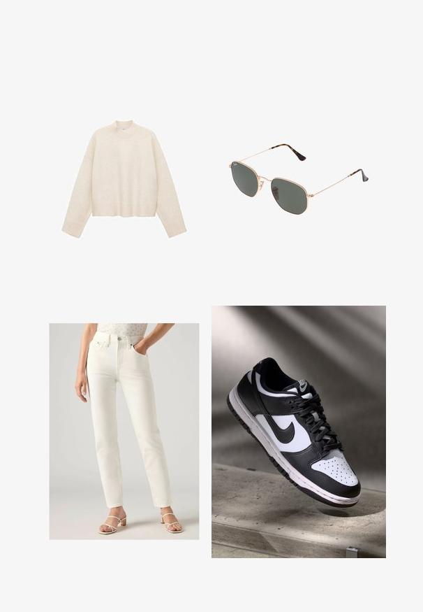Brązowa marynarka z wełny z klapami w szpic, zapinana na pojedynczy guzik, z dwiema przednimi kieszeniami i kieszenią na piersi. Posiada czarne guziki.; Kremowy sweter z miękkiego materiału, z wysokim dekoltem, opadającymi ramionami oraz skróconym fasonem i ściągaczami.; Białe, wysokie dżinsy o prostym kroju, z przednimi kieszeniami, z zapięciem na guzik i gładką teksturą denimu. Noszone z jasnymi sandałami.; Czarno-białe sneakersy Nike Dunk Low z cholewką skórzaną, perforowanym noskiem i czarnymi sznurowadłami, z białą podeszwą i akcentami logo.; Złote okulary przeciwsłoneczne w stylu aviatora z ciemnozielonymi soczewkami, z wąskimi ramionami i akcentami w panterkę na końcach.