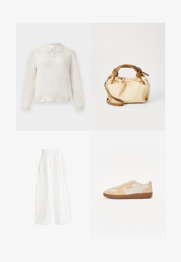 Olivově zelená, lehká bunda ve vojenském stylu s límcem, zapínáním na knoflíky, čtyřmi velkými kapsami a nastavitelným stahováním v pase.; Světle krémový pletený svetr s diamantovým vzorem, dlouhými rukávy, volánkovým lemem a límcem na tři knoflíky.; Bílé, vysoce pasované kalhoty s širokými nohavicemi, elastickým pasem a měkkou, texturovanou tkaninou. Design obsahuje sklady pro větší objem.; Béžové tenisky s svrchním materiálem ze semiše a kůže, s lehkou smetanovou panelem, hnědými akcenty a texturovanou gumovou podrážkou. Logo na boku.; Malá krémová kabelka s texturou, s hnědými koženými uchy a odnímatelným ramenním popruhem. Skládaný design s viditelnými švy.