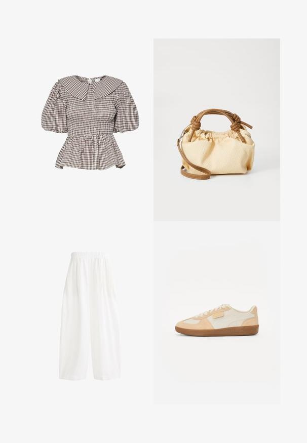 Olivově zelená, lehká bunda ve vojenském stylu s límcem, zapínáním na knoflíky, čtyřmi velkými kapsami a nastavitelným stahováním v pase.; Top s řaseným peplumí a velkým límcem. Vyrobeno z látky s kostkovaným vzorem v tlumených tónech. Pufové rukávy a řasení.; Bílé, vysoce pasované kalhoty s širokými nohavicemi, elastickým pasem a měkkou, texturovanou tkaninou. Design obsahuje sklady pro větší objem.; Béžové tenisky s svrchním materiálem ze semiše a kůže, s lehkou smetanovou panelem, hnědými akcenty a texturovanou gumovou podrážkou. Logo na boku.; Malá krémová kabelka s texturou, s hnědými koženými uchy a odnímatelným ramenním popruhem. Skládaný design s viditelnými švy.