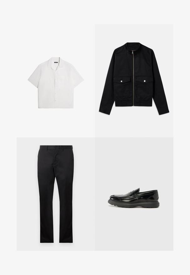 Jachetă bomber neagră, realizată dintr-un material neted, cu fermoar frontal, guler înalt, două buzunare pe piept și manșete ribbate la tiv.; Cămașă albă cu mânecă scurtă, textură moale, închidere cu nasturi, guler întins, un singur buzunar pe piept, design lejer și pătrățos. Simplă, fără modele.; Pantaloni negri din bumbac cu un design drept, dotati cu o inchidere la fata cu nasture si buzunare laterale, textura neteda, fara modele vizibile.; Mocasin din piele neagră cu o finisare lucioasă, vârf rotunjit, detalii de cusătură subtile și o talpă groasă din cauciuc pentru durabilitate.