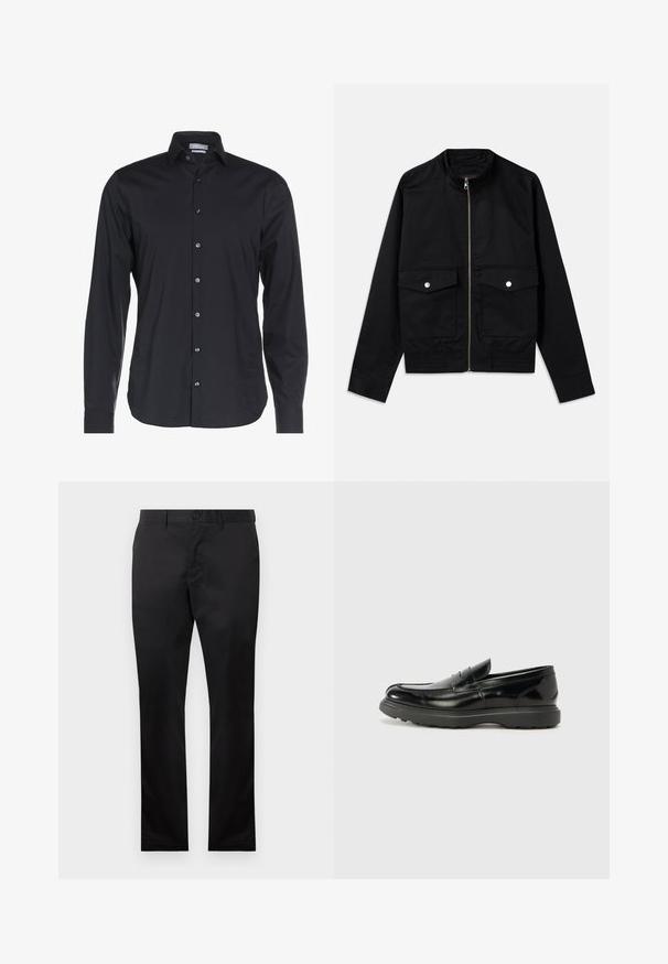 Juodas bomber tipo švarkas, pagamintas iš lygaus audinio, su užtrauktuku priekyje, aukštu apykakle, dviem krūtinės kišenėmis ir mielais elastiniais rankogaliais.; Juodas ilgomis rankovėmis marškinėliai, pagaminti iš lygios medžiagos. Su sagomis užsegamu apykakle, priekyje esančiu sagų uždarymu ir subtiliu logotipu ant krūtinės.; Juodos medvilninės kelnės su tiesiais kojomis, su sagčių uždarymu priekyje ir šoninėmis kišenėmis, lygia tekstūra, be matomų raštų.; Juodas odinis loaferis su blizgiu paviršiumi, apvaliu pirštu, subtiliais siūlių detalėmis ir storu guminio pado, užtikrinančio ilgaamžiškumą.