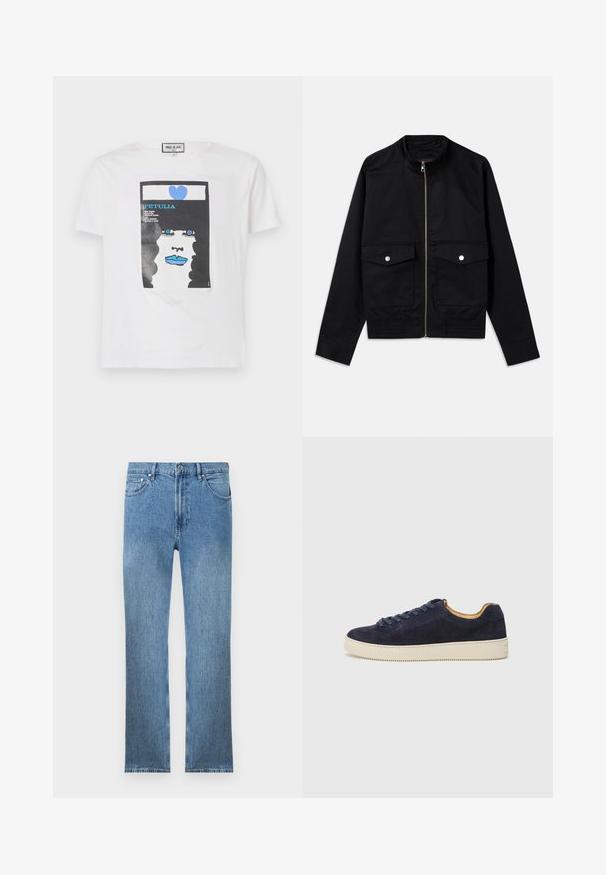 Chaqueta bomber negra hecha de tela suave, con cierre de cremallera al frente, cuello alto, dos bolsillos en el pecho y puños acanalados en el dobladillo.; Camiseta blanca de algodón con un estampado gráfico de una cara con cabello rizado negro, labios azules y un corazón azul, que incluye elementos de texto.; Vaqueros de mezclilla azul claro con corte recto, cinco bolsillos, cierre con cremallera y costuras en contraste. La tela tiene un acabado liso y texturizado.; Zapatillas bajas de ante azul marino con punta redondeada, suela de goma color marfil y cordones a juego; cuenta con un forro interior en contraste color marrón.