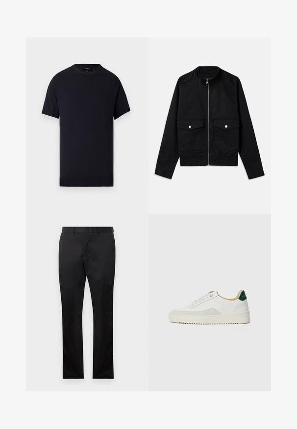 Svart bomberjakke laget av glatt stoff, med glidelås foran, høy krage, to brystlommer og ribbestrikkede mansjetter i kanten.; Mørk marineblå T-skjorte med korte ermer laget av myk bomull. Har rund hals og rett kant med ingen synlige mønstre eller detaljer.; Svarte bomullsbukser med rett ben-design, med knappelukking foran og sidelommer, glatt tekstur, uten synlige mønstre.; Hvit sneakers med semsket detaljer, rund tå, flate snøringer og en kremfarget gummisåle. Har grønn merking på hælen.