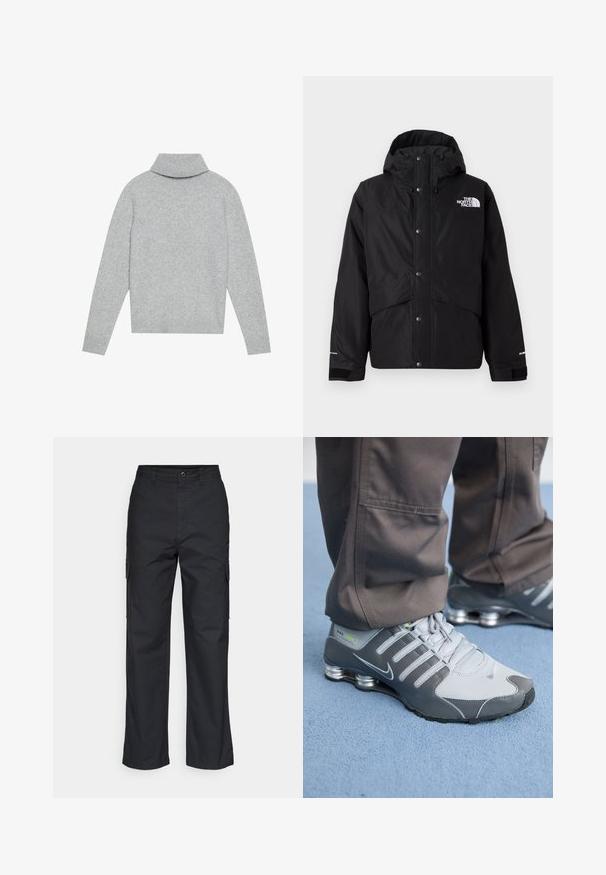 Svart isolerad jacka med huva, med dragkedja fram, tryckknappar och vit logotypdetalj på bröstet. Texturerad tyg.; Ljusgrå rullkragströja med ribbad krage och ärmslut, tillverkad av mjukt stickat material. Har en avslappnad passform och enfärgad design.; Svarta cargobyxor med rak benstil, som har sidofickor och en strukturerad tyg. Knapplås i midjan för en säker passform.; Grå och silver Nike Shox-sneakers har en elegant design, med mesh och syntetiska material, en rund tå och en vadderad krage.
