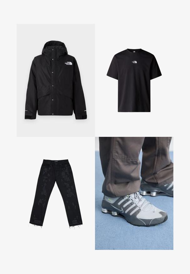 Fekete szigetelt dzseki kapucnival, elülső cipzárral, patentgombokkal és fehér logóval a mellrészen. Texturált anyag.; Fekete pamut póló rövid ujjakkal és kerek nyakkal. Az elején egy kis fehér logó látható, amely "The North Face" feliratú.; Fekete farmernadrág, lelazult illeszkedésű, elhasználódott foltokkal, kopott szegéllyel és standard öt zsebes kialakítással. Az anyag tartós és textúrált hatású.; Szürke és ezüst Nike Shox sportcipők elegáns dizájnnal rendelkeznek, hálós és szintetikus anyagokból készültek, lekerekített orral és párnázott gallérral.