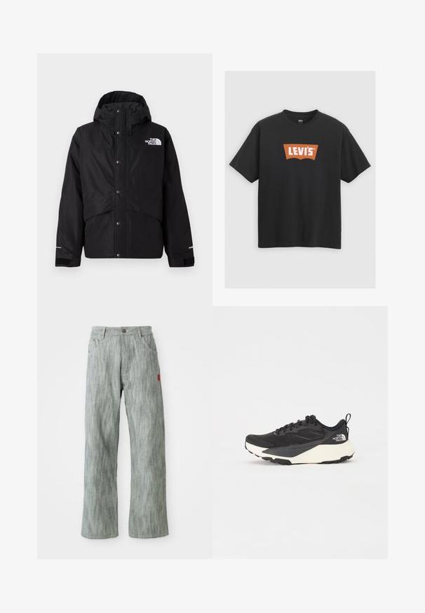 Juodas izoliacinis švarkas su gobtuvu, turintis užtrauktuką priekyje, spaudimo mygtukus ir baltą logotipą ant krūtinės. Tekstūruota medžiaga.; Juodas medvilninis marškinėlis, turintis didelį oranžinį Levi's logotipą priekyje, trumpomis rankovėmis ir apvaliu kaklu.; Šviesiai pilkos tiesių kojų džinsinės kelnės su priekinėmis ir užpakalinėmis kišenėmis, mygtuko uždarymu ir maža raudona audinio etikete dešinėje pusėje.; Juodas sportinis batelis su tekstūruotu tinkleliu, solidžiai juodais akcentais ir lengvu baltu padu. Yra raištelių uždarymas ir trauktukas.