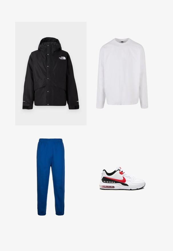 Zwarte geïsoleerde jas met een capuchon, voorzien van een rits aan de voorkant, drukknoopsluiting en witte logodetails op de borst. Getextureerde stof.; Witte katoenen t-shirt met lange mouwen en een ronde halslijn, een relaxte pasvorm, en zonder zichtbare patronen of accenten. Glad van textuur.; Blauwe trainingbroek van zacht materiaal, met een elastische tailleband en tapering bij de benen met elastische boorden bij de enkels.; Witte sportieve schoen met zwarte en rode accenten, voorzien van een bovenwerk van glad leer, vetersluiting aan de voorkant en zichtbare luchtkussens in de zool.