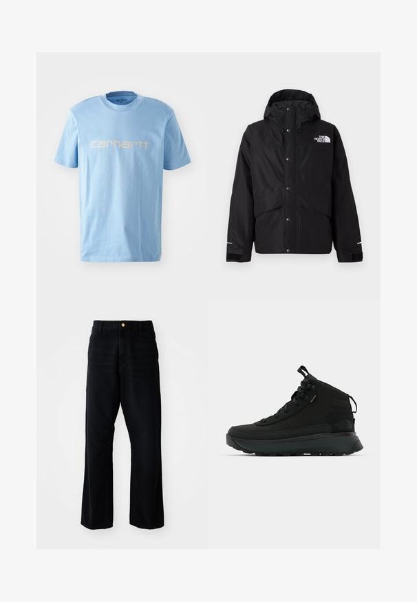 Black insulated jacket with a hood, featuring a zip front, snap buttons, and white logo detail on the chest. Textured fabric.; Light blue cotton t-shirt featuring a crew neck and short sleeves. Displays the "carhartt" logo in white across the chest.; Black denim trousers with a relaxed fit, featuring a gold button, five-pocket design, and straight leg cut. Smooth texture.; Black mid-cut hiking boots with a textured fabric upper, reinforced toe cap, secure lacing system, and a cushioned sole for traction.