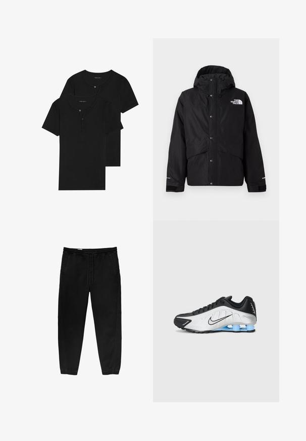 Schwarze isolierte Jacke mit Kapuze, ausgestattet mit einem Reißverschluss und Druckknöpfen, sowie einem weißen Logodetail auf der Brust. Strukturiertes Gewebe.; Schwarze Baumwoll-T-Shirts, kurze Ärmel, Rundhalsausschnitt mit Knopfleiste, mit glatter Textur und simplem Design. Zwei im Paket.; Schwarze Hose mit elastischem Bund und Kordelzug, tapered Beinen, Seitentaschen und subtilen seitlichen Stickdetails. Weicher Baumwollstoff.; Nike-Laufschuh mit einem schwarzen und weißen synthetischen Obermaterial, strukturiertem Design und einer blauen Gummisohle mit stoßdämpfenden Säulen.