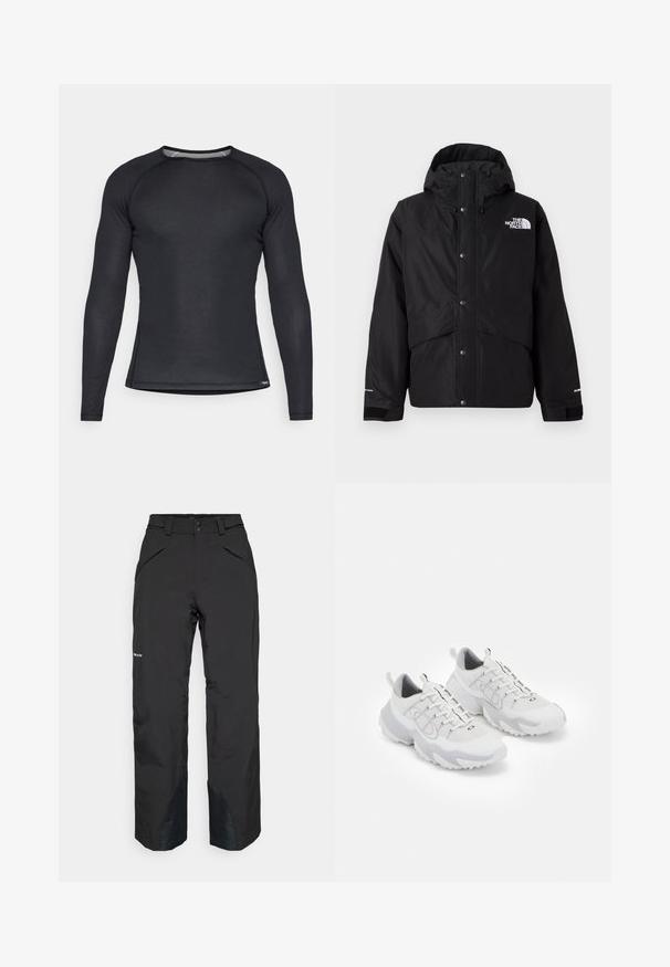 Czarna ocieplana kurtka z kapturem, z zamkiem z przodu, zatrzaskami i białym logiem na klatce piersiowej. Teksturowany materiał.; Czarna, długorękawowa koszulka sportowa wykonana z fakturowanego materiału, z okrągłym dekoltem i siateczkowymi akcentami przy kołnierzu, dopasowany krój zapewniający swobodę ruchu.; Czarne wodoodporne spodnie o prostym kroju, z zamykanymi kieszeniami, wzmocnionymi akcentami na końcach nogawek oraz gładką teksturą.; Białe buty sportowe z siatkowym wierzchem, szarymi akcentami, teksturowaną gumową podeszwą i pętlami na pięcie; posiadają system sznurowania.